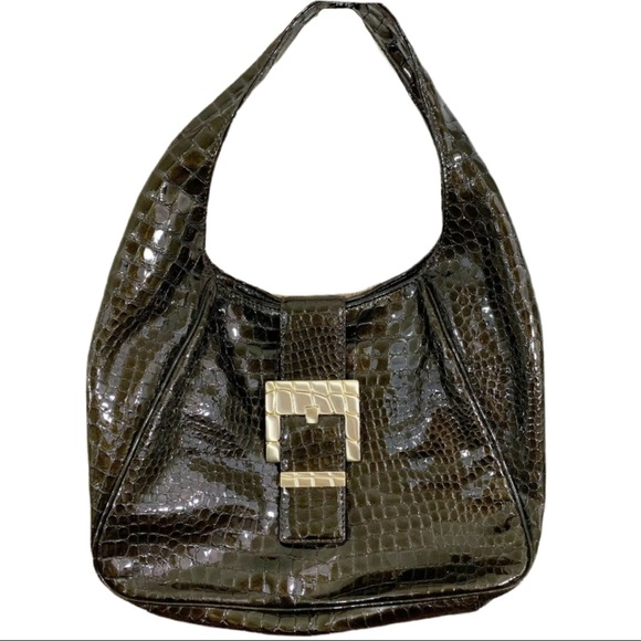 Michael Kors Handbags - Michael Kors - Dark Green Patent Croc Print Purse